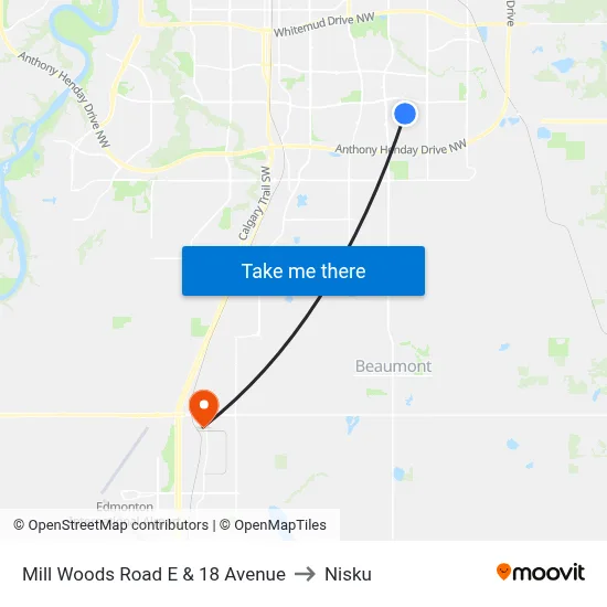 Mill Woods Road E & 18 Avenue to Nisku map