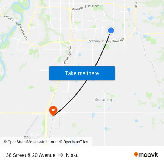 38 Street & 20 Avenue to Nisku map