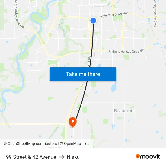 99 Street & 42 Avenue to Nisku map