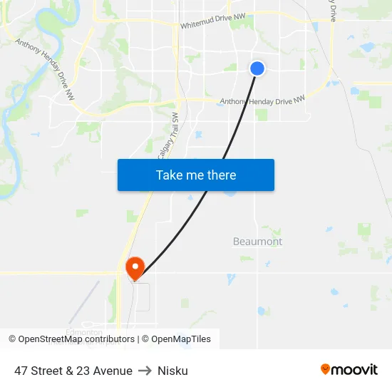 47 Street & 23 Avenue to Nisku map