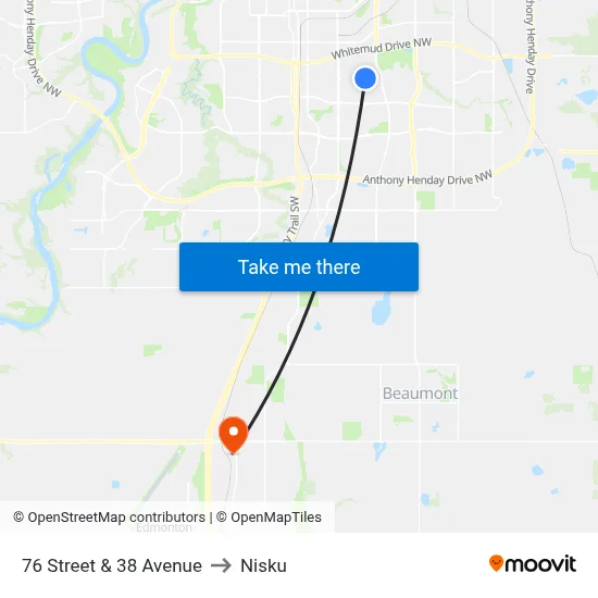 76 Street & 38 Avenue to Nisku map