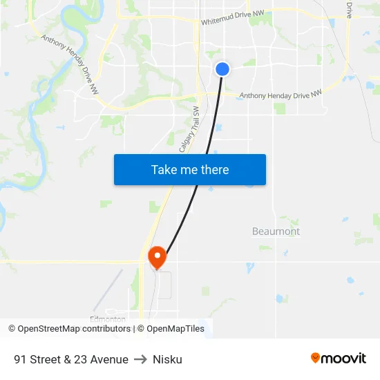 91 Street & 23 Avenue to Nisku map