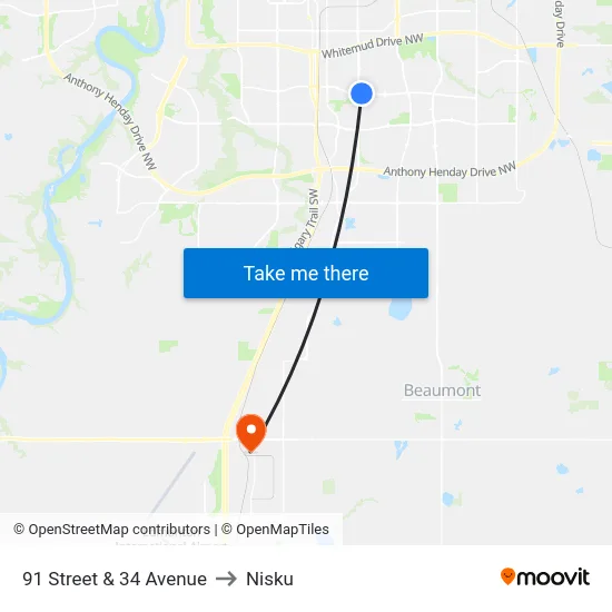 91 Street & 34 Avenue to Nisku map