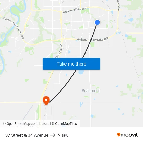 37 Street & 34 Avenue to Nisku map