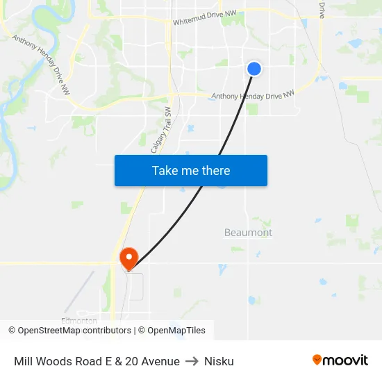 Mill Woods Road E & 20 Avenue to Nisku map