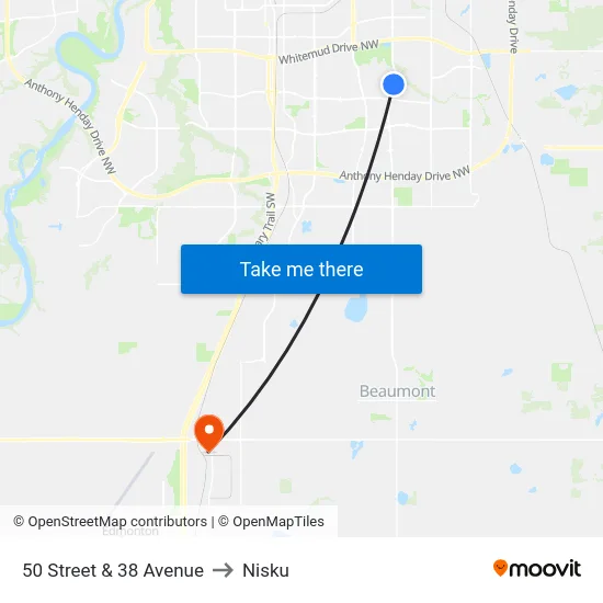 50 Street & 38 Avenue to Nisku map