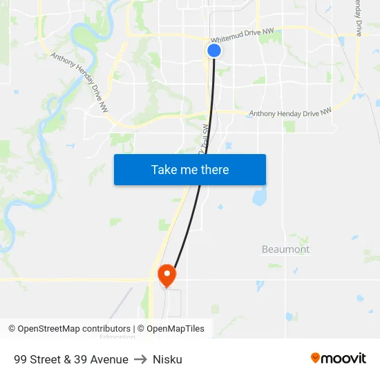 99 Street & 39 Avenue to Nisku map