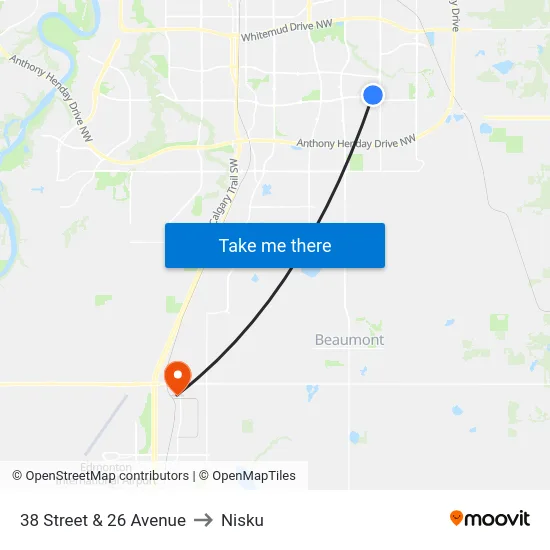 38 Street & 26 Avenue to Nisku map