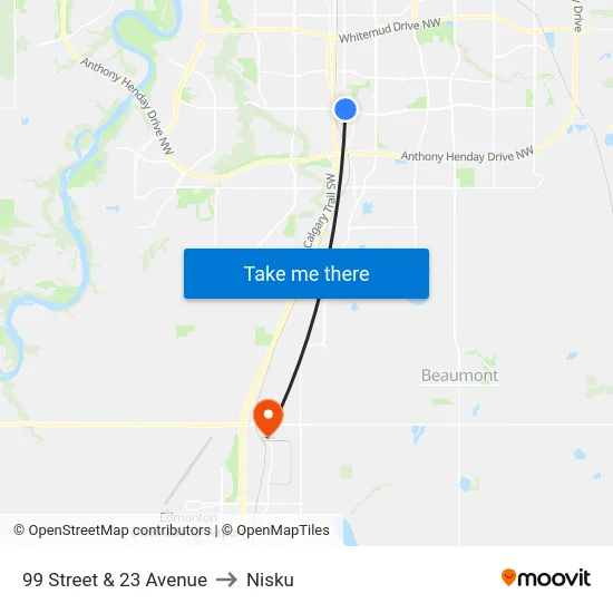 99 Street & 23 Avenue to Nisku map