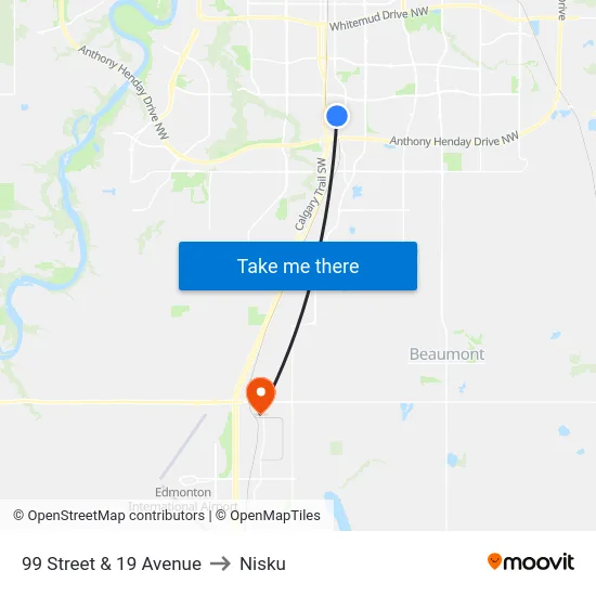 99 Street & 19 Avenue to Nisku map