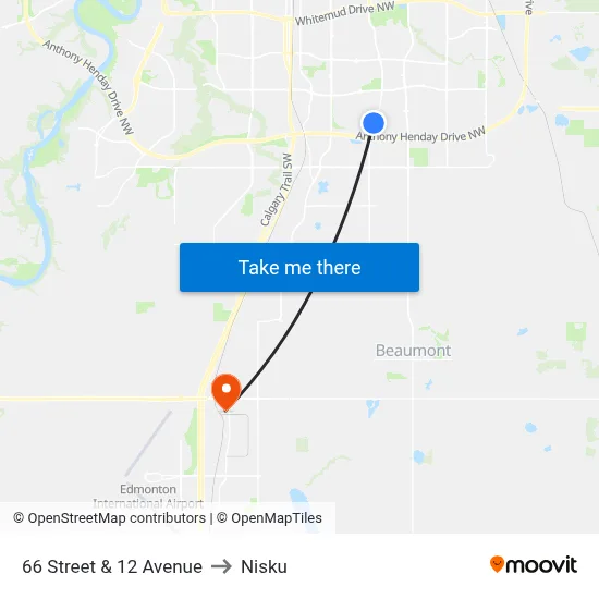 66 Street & 12 Avenue to Nisku map