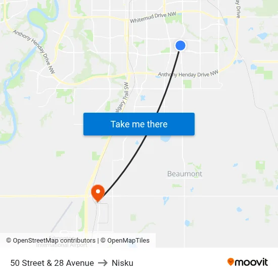 50 Street & 28 Avenue to Nisku map