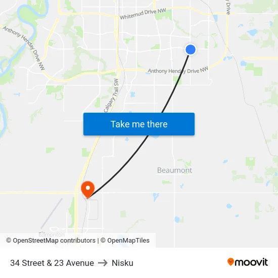 34 Street & 23 Avenue to Nisku map