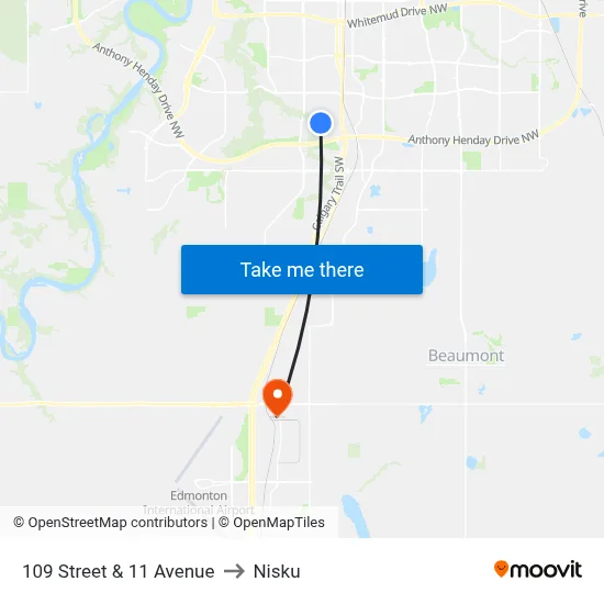 109 Street & 11 Avenue to Nisku map