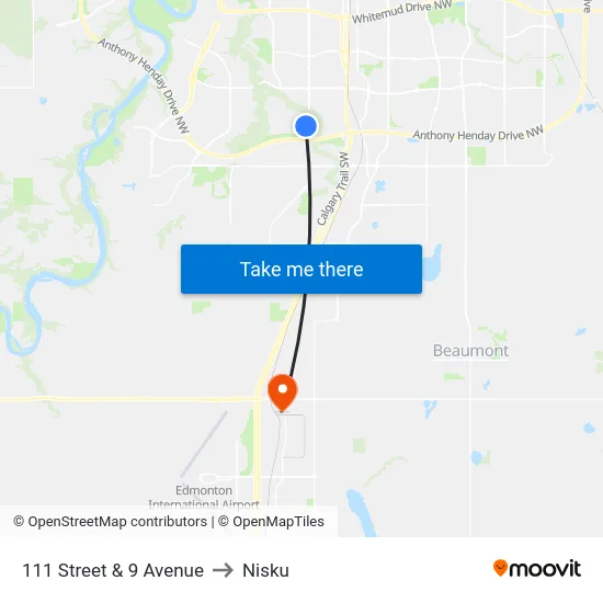 111 Street & 9 Avenue to Nisku map
