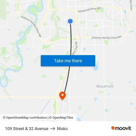 109 Street & 32 Avenue to Nisku map