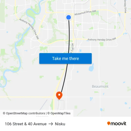 106 Street & 40 Avenue to Nisku map