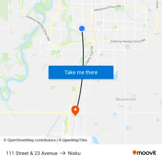 111 Street & 23 Avenue to Nisku map