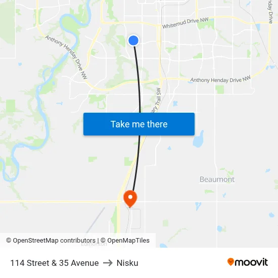 114 Street & 35 Avenue to Nisku map