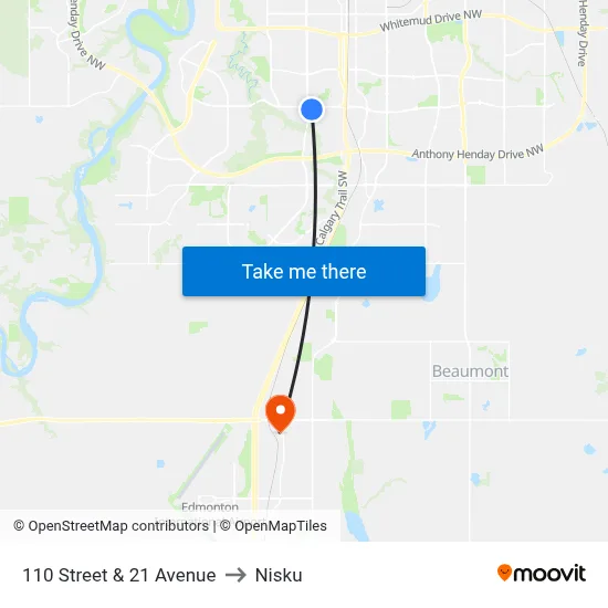 110 Street & 21 Avenue to Nisku map