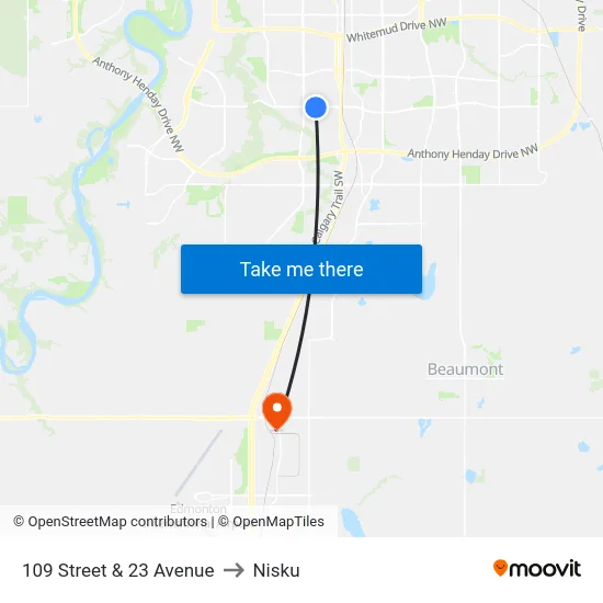109 Street & 23 Avenue to Nisku map