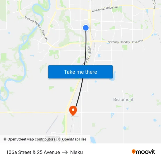 106a Street & 25 Avenue to Nisku map