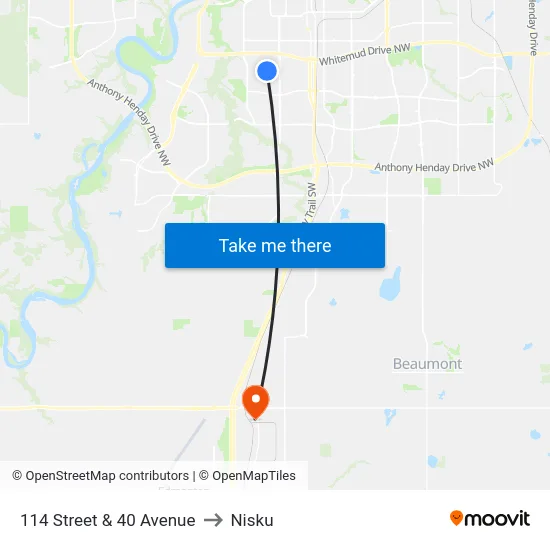 114 Street & 40 Avenue to Nisku map