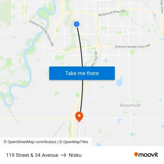 119 Street & 34 Avenue to Nisku map