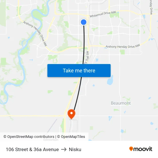 106 Street & 36a Avenue to Nisku map