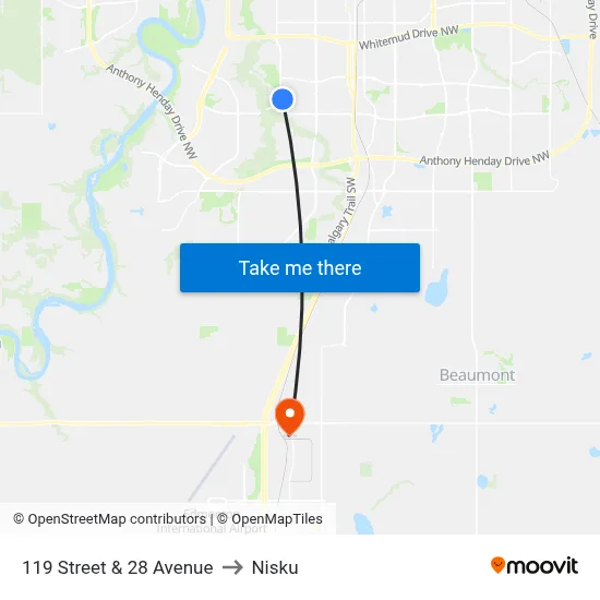 119 Street & 28 Avenue to Nisku map