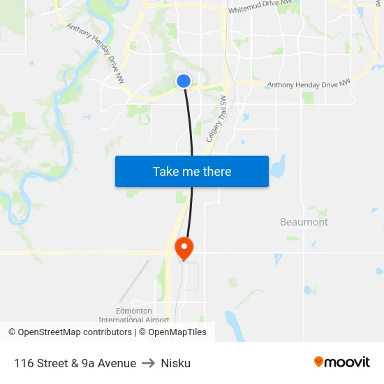 116 Street & 9a Avenue to Nisku map