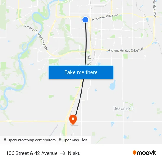 106 Street & 42 Avenue to Nisku map