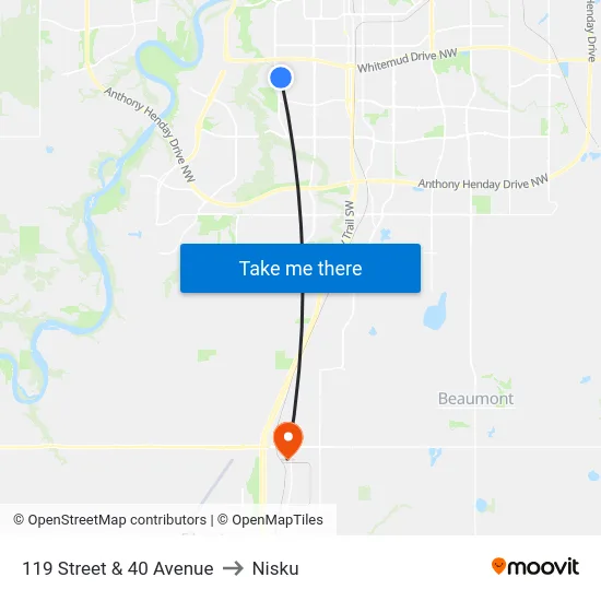 119 Street & 40 Avenue to Nisku map