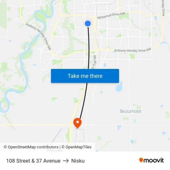 108 Street & 37 Avenue to Nisku map