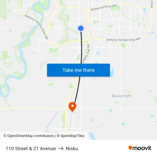 110 Street & 21 Avenue to Nisku map