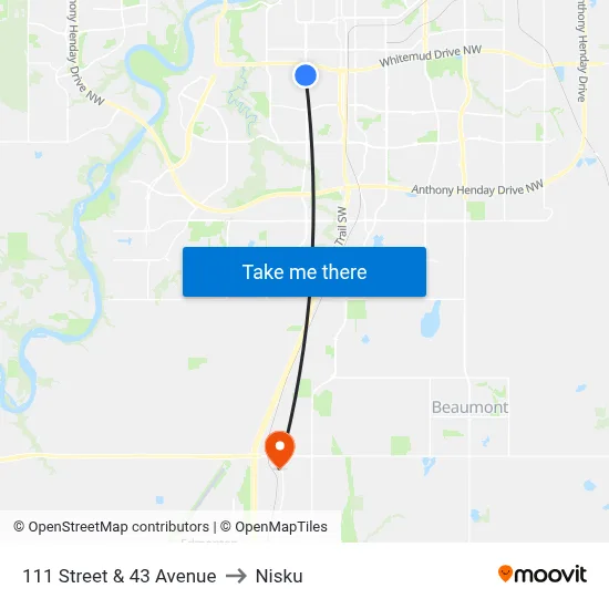 111 Street & 43 Avenue to Nisku map