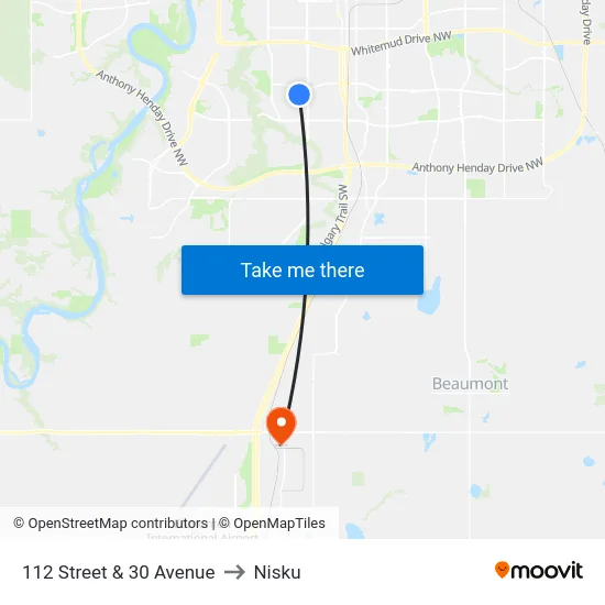 112 Street & 30 Avenue to Nisku map