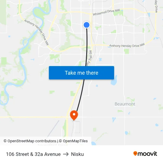 106 Street & 32a Avenue to Nisku map