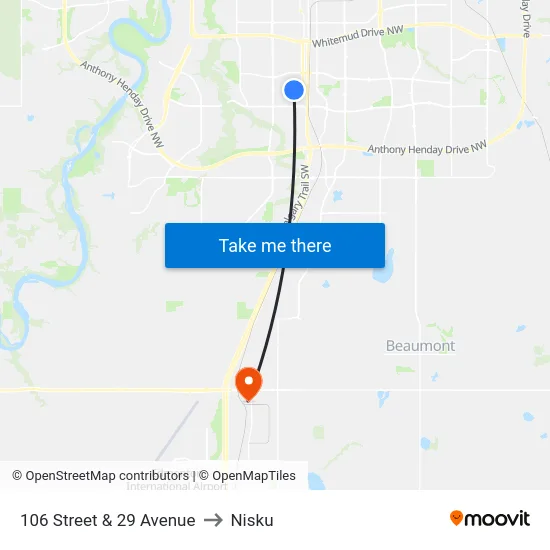 106 Street & 29 Avenue to Nisku map