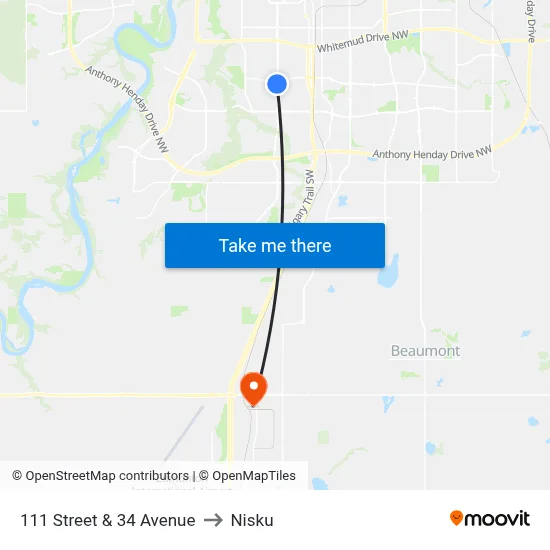 111 Street & 34 Avenue to Nisku map