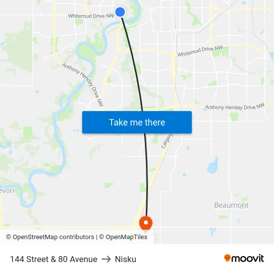 144 Street & 80 Avenue to Nisku map