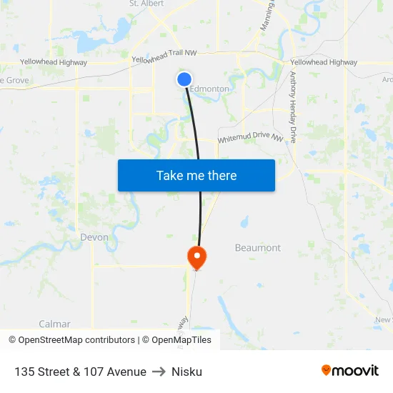 135 Street & 107 Avenue to Nisku map