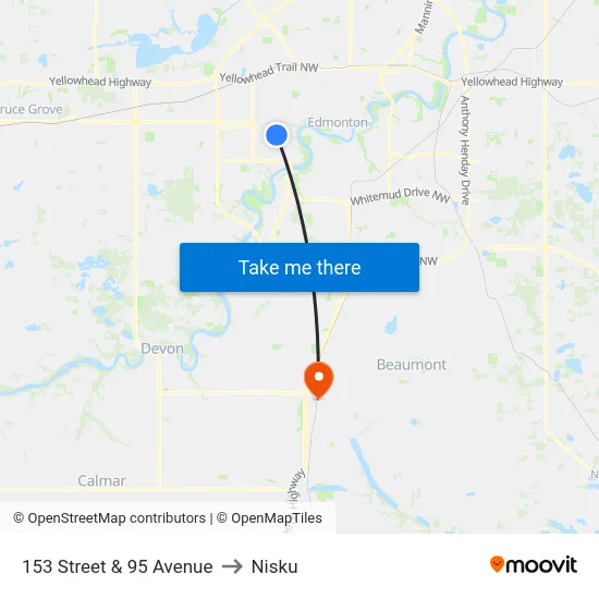 153 Street & 95 Avenue to Nisku map