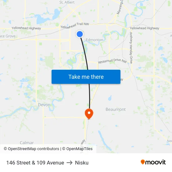 146 Street & 109 Avenue to Nisku map