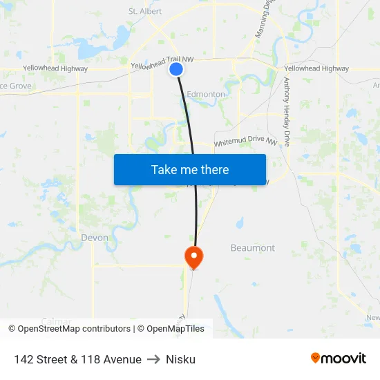 142 Street & 118 Avenue to Nisku map