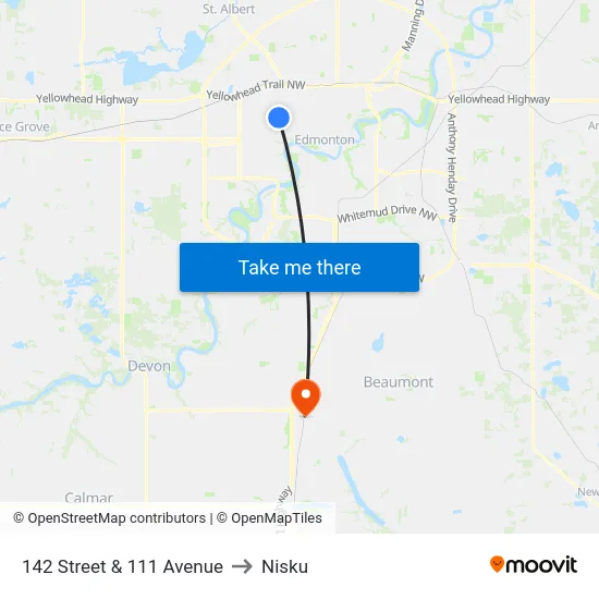 142 Street & 111 Avenue to Nisku map