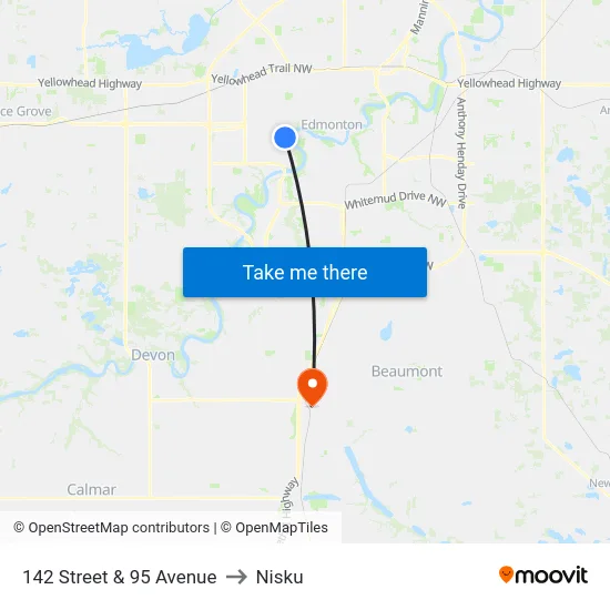 142 Street & 95 Avenue to Nisku map