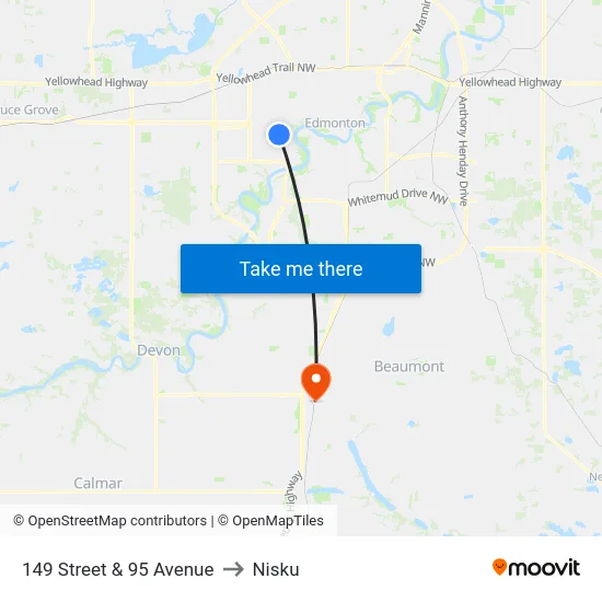 149 Street & 95 Avenue to Nisku map