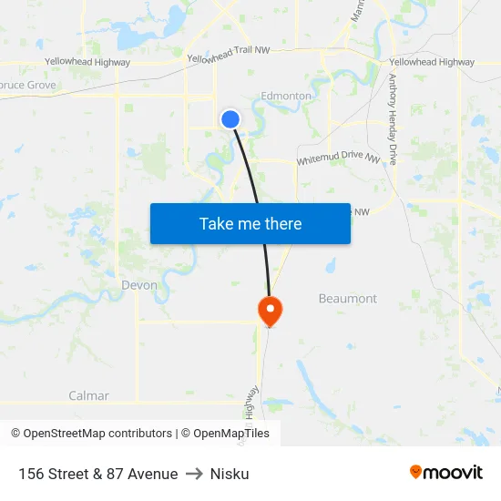 156 Street & 87 Avenue to Nisku map