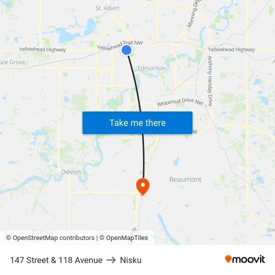 147 Street & 118 Avenue to Nisku map